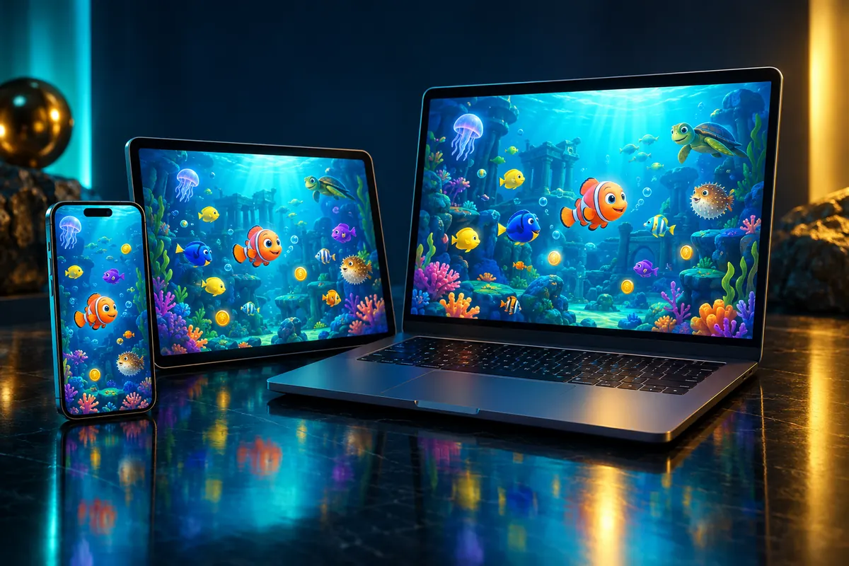Smartphone, tablet and laptop each showing a colorful underwater fish game